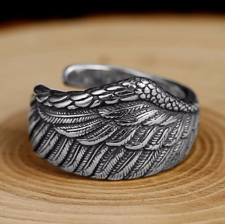 S925 Regal Feather Biker Eagle Wing Sterling Silver Ring