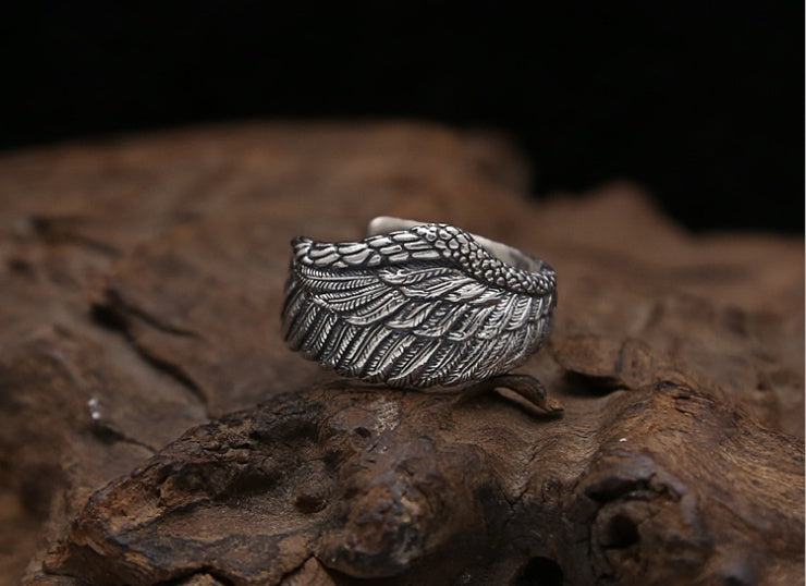S925 Regal Feather Biker Eagle Wing Sterling Silver Ring