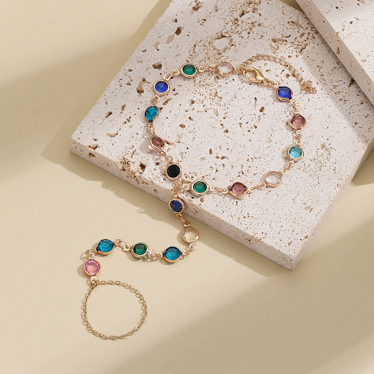 Bohemian Style Colorful Crystal Bracelet Ring Combo