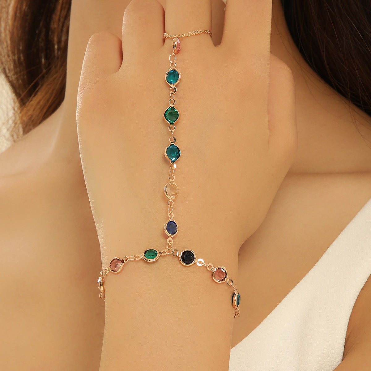 Bohemian Style Colorful Crystal Bracelet Ring Combo