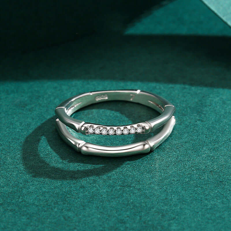 Bamboo Style Silver Zircon Ring