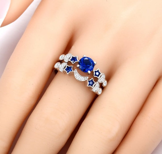 Creative Moon Inlaid Blue Gem Engagement Ring