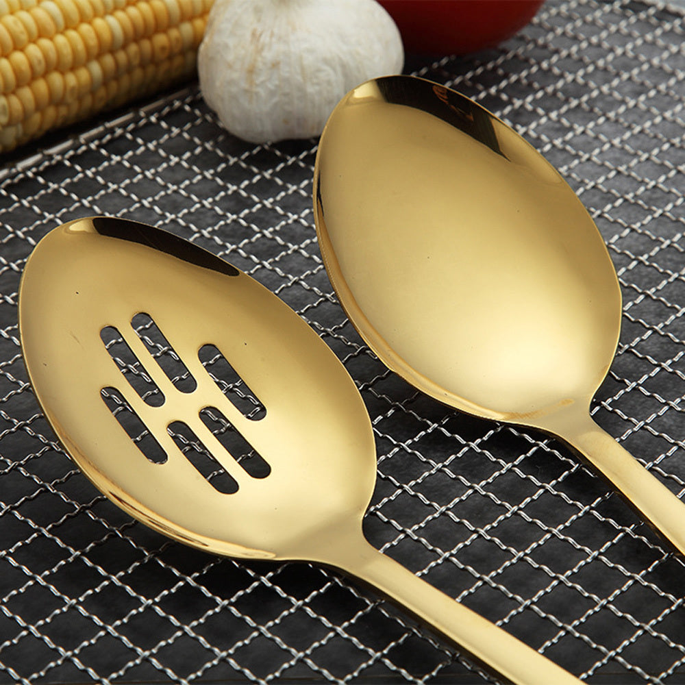 Product information: Material: Stainless steel Color: golden Style A: rice scoop Style B: Spatula Style C: Leaky Shovel Style D: soup shell Style E: Leaky shell Style F: Noodles Style G: Public spoon Style H: Public drain Size Information: Rice spoon: lon