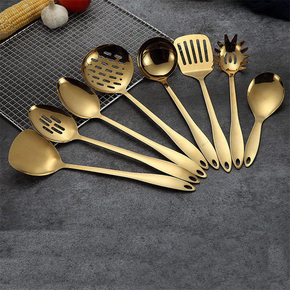 Product information: Material: Stainless steel Color: golden Style A: rice scoop Style B: Spatula Style C: Leaky Shovel Style D: soup shell Style E: Leaky shell Style F: Noodles Style G: Public spoon Style H: Public drain Size Information: Rice spoon: lon