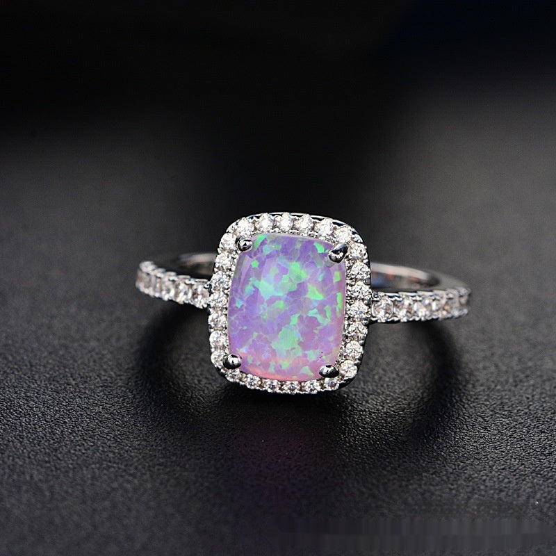 European And American Multi-color Pink Diamond Opal Ring Fashion Inlaid Zircon Simple - Gleamse