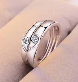 Silver Heart Diamond Couple’s Wedding and Engagement Ring