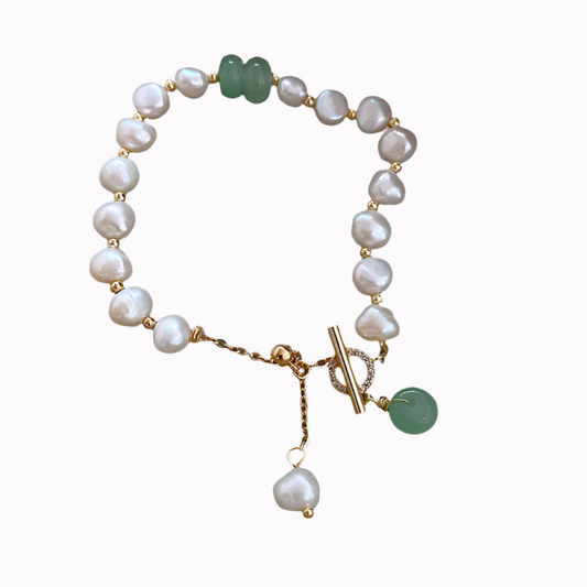 Women's Pearl Bracelet with Green Gemstones