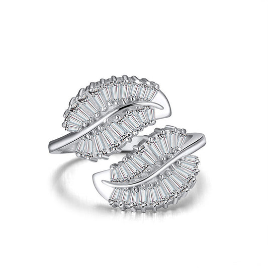 White Gold Diamond Feather Ring Adjustable Temperament Ring