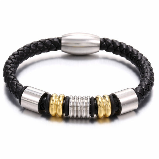 Men's Black Leather Bracelet with Silver and Gold Charms