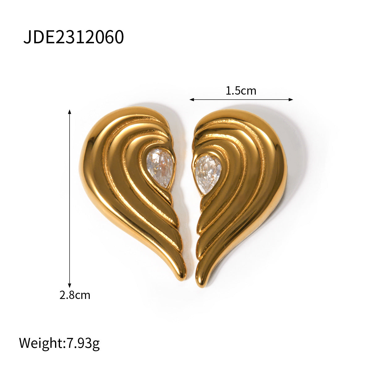 Radiant 18K Gold Stainless Steel Heart Earrings with Symmetrical Zircon Inlay - Gleamse