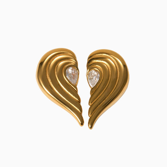 Radiant 18K Gold Stainless Steel Heart Earrings with Symmetrical Zircon Inlay - Gleamse