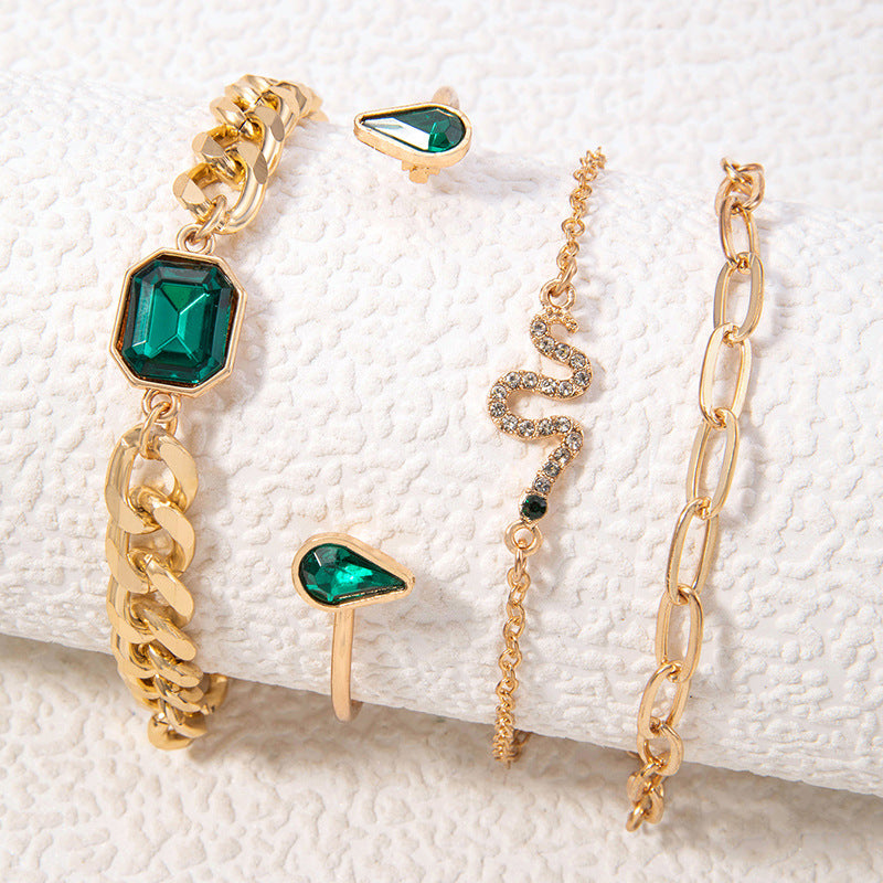 Emerald Encrusted Gold Multi-layer bracelet Set