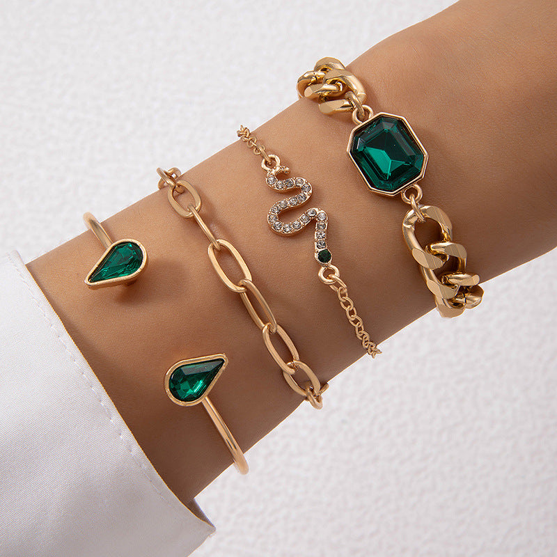 Emerald Encrusted Gold Multi-layer bracelet Set