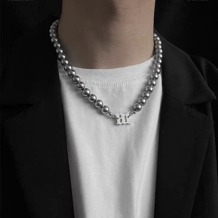 Mens Silver Pearl Bead Chain Necklace